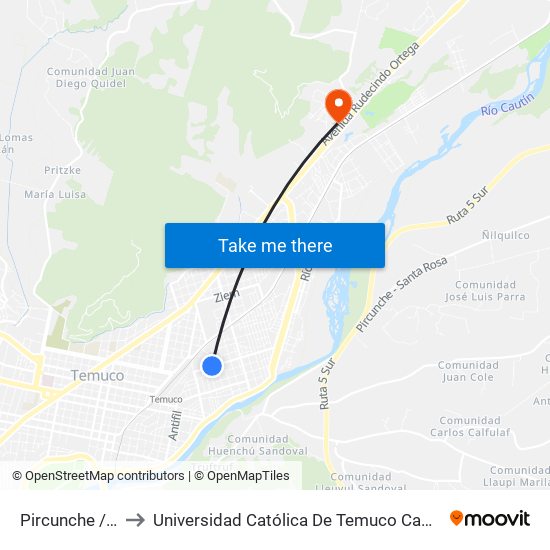 Pircunche / Calpucura to Universidad Católica De Temuco Campus Dr. Luis Rivas Del Canto map