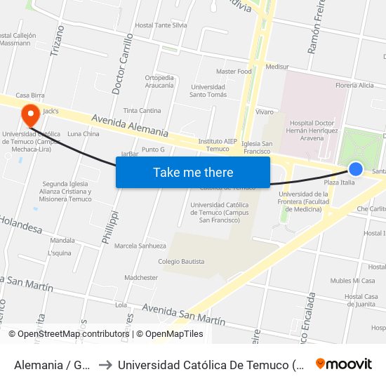 Alemania / Gral Carrera to Universidad Católica De Temuco (Campus Mechaca-Lira) map