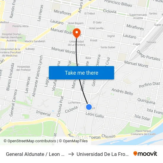 General Aldunate / Leon Gallo to Universidad De La Frontera map
