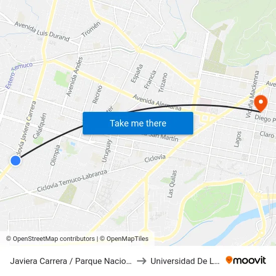 Javiera Carrera / Parque Nacional Huerquehue to Universidad De La Frontera map
