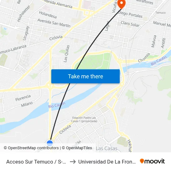 Acceso Sur Temuco / S-532 to Universidad De La Frontera map