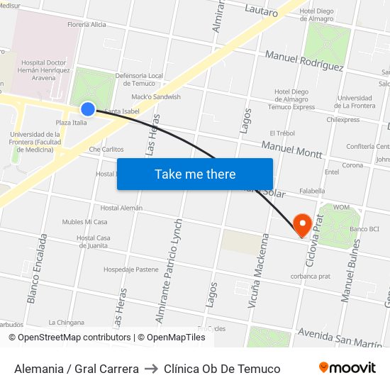 Alemania / Gral Carrera to Clínica Ob De Temuco map