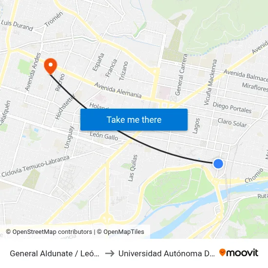 General Aldunate / León Gallo to Universidad Autónoma De Chile map