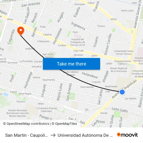 San Martín - Caupolican to Universidad Autónoma De Chile map