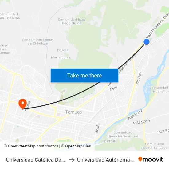 Universidad Católica De Temuco to Universidad Autónoma De Chile map