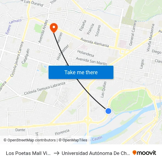 Los Poetas Mall Vivo to Universidad Autónoma De Chile map