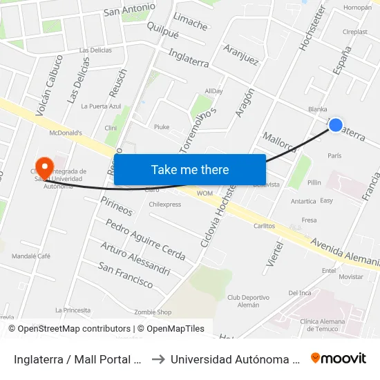 Inglaterra / Mall Portal Temuco to Universidad Autónoma De Chile map