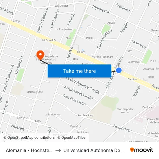 Alemania / Hochstetter to Universidad Autónoma De Chile map
