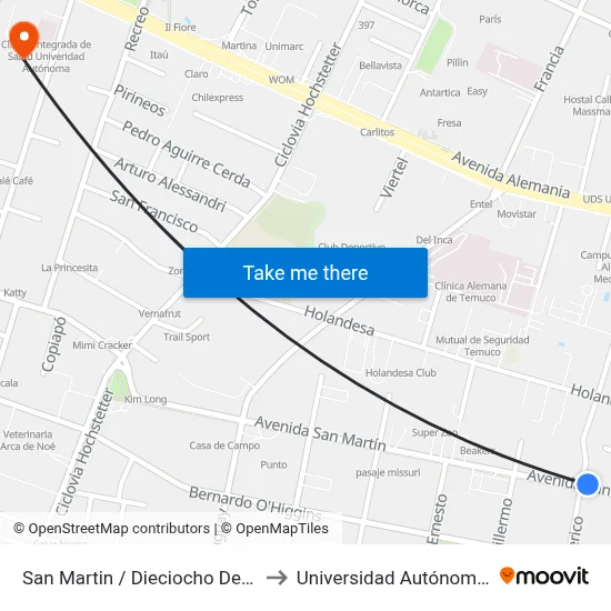 San Martin / Dieciocho De Septiembre to Universidad Autónoma De Chile map
