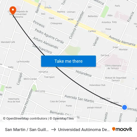 San Martin / San Guillermo to Universidad Autónoma De Chile map