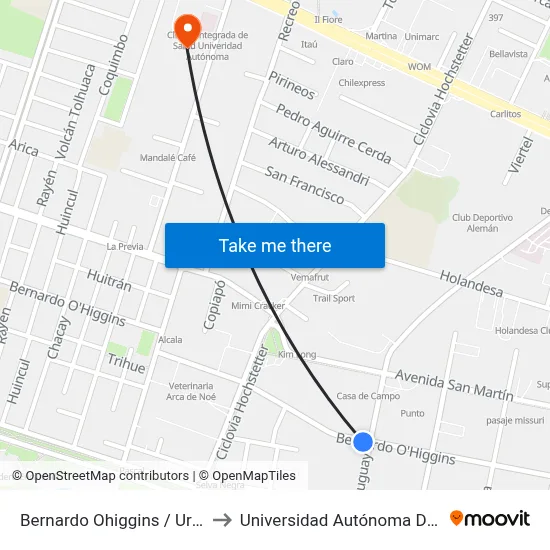 Bernardo Ohiggins / Uruguay to Universidad Autónoma De Chile map