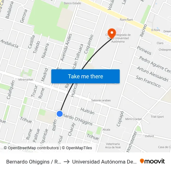 Bernardo Ohiggins / Rayen to Universidad Autónoma De Chile map