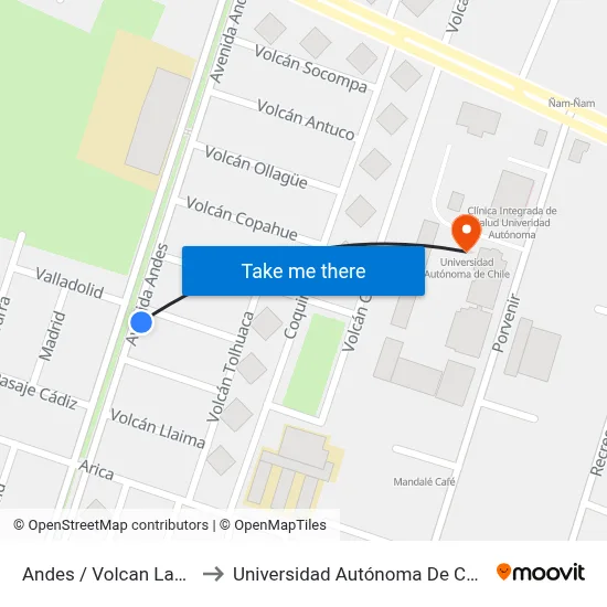 Andes / Volcan Lanin to Universidad Autónoma De Chile map