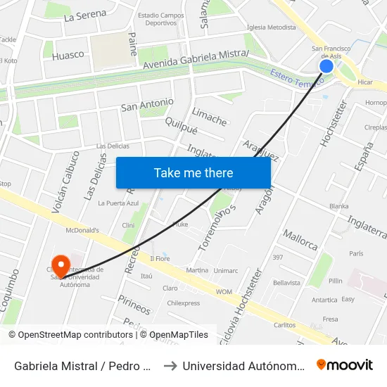 Gabriela Mistral / Pedro De Valdivia to Universidad Autónoma De Chile map