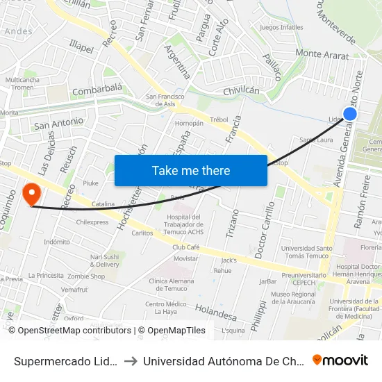 Supermercado Lider to Universidad Autónoma De Chile map