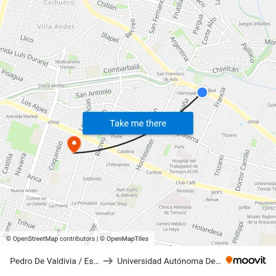 Pedro De Valdivia / Espana to Universidad Autónoma De Chile map