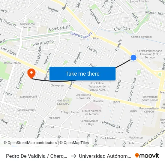 Pedro De Valdivia / Cherquenco - Sur to Universidad Autónoma De Chile map