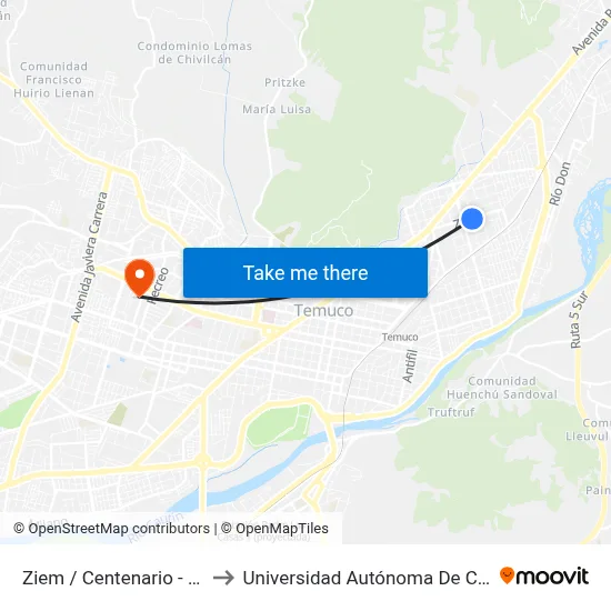 Ziem / Centenario - Sur to Universidad Autónoma De Chile map