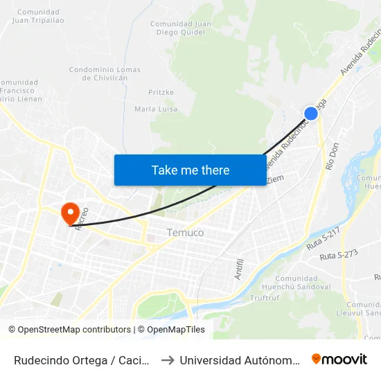 Rudecindo Ortega / Cacique Lienan to Universidad Autónoma De Chile map