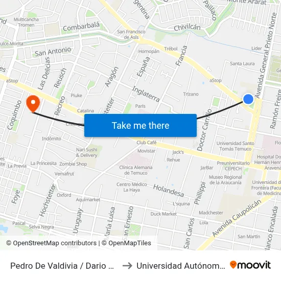 Pedro De Valdivia / Dario Salas - Norte to Universidad Autónoma De Chile map