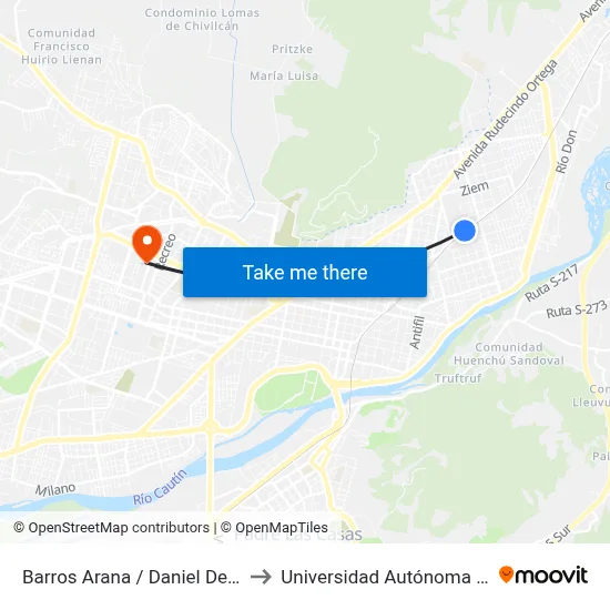 Barros Arana / Daniel De La Vega to Universidad Autónoma De Chile map