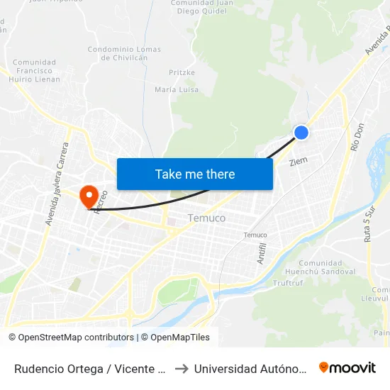 Rudencio Ortega / Vicente Perez Rosales to Universidad Autónoma De Chile map