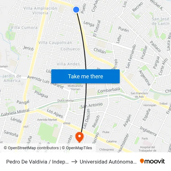 Pedro De Valdivia / Independencia to Universidad Autónoma De Chile map