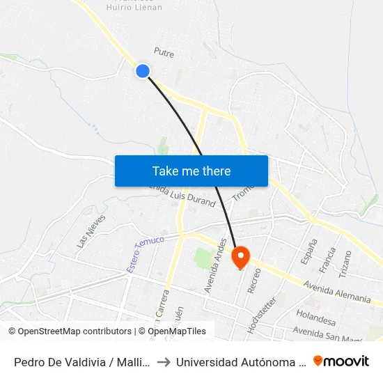 Pedro De Valdivia / Mallin - Norte to Universidad Autónoma De Chile map
