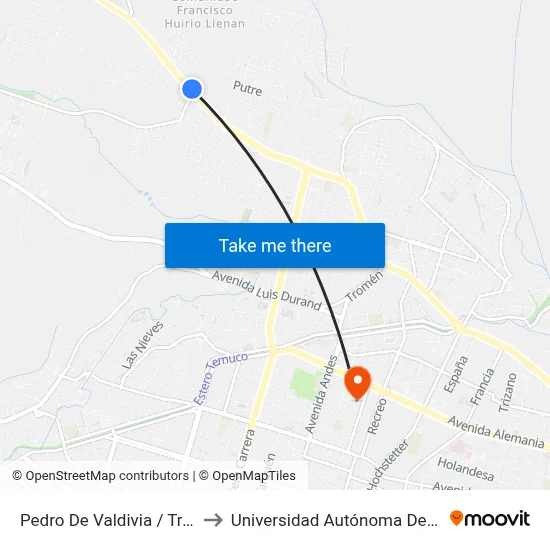 Pedro De Valdivia / Trayen to Universidad Autónoma De Chile map