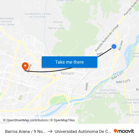 Barros Arana / 9 Norte to Universidad Autónoma De Chile map
