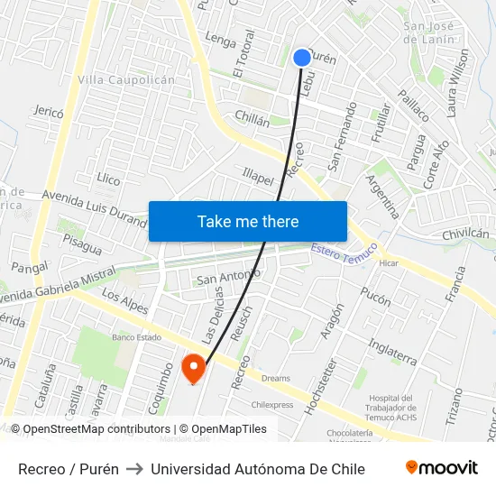 Recreo / Purén to Universidad Autónoma De Chile map