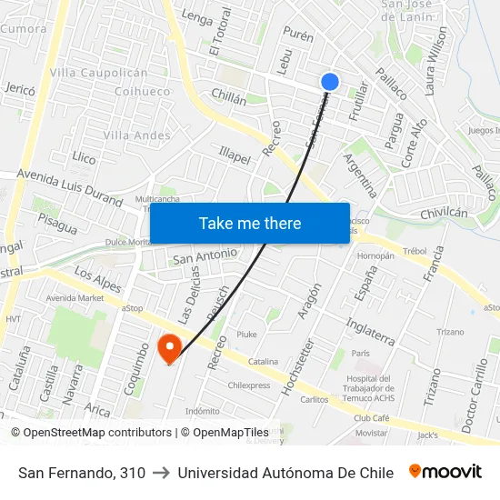 San Fernando, 310 to Universidad Autónoma De Chile map