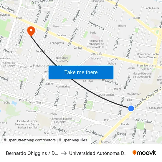 Bernardo Ohiggins / Dreves to Universidad Autónoma De Chile map