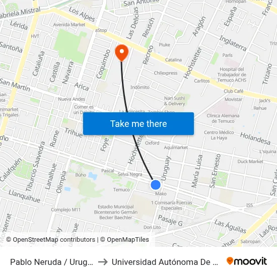 Pablo Neruda / Uruguay to Universidad Autónoma De Chile map