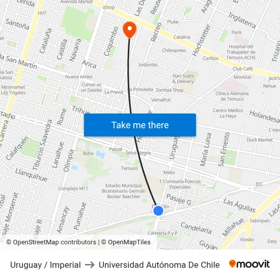 Uruguay / Imperial to Universidad Autónoma De Chile map