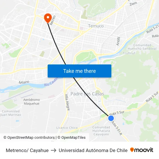 Metrenco/ Cayahue to Universidad Autónoma De Chile map