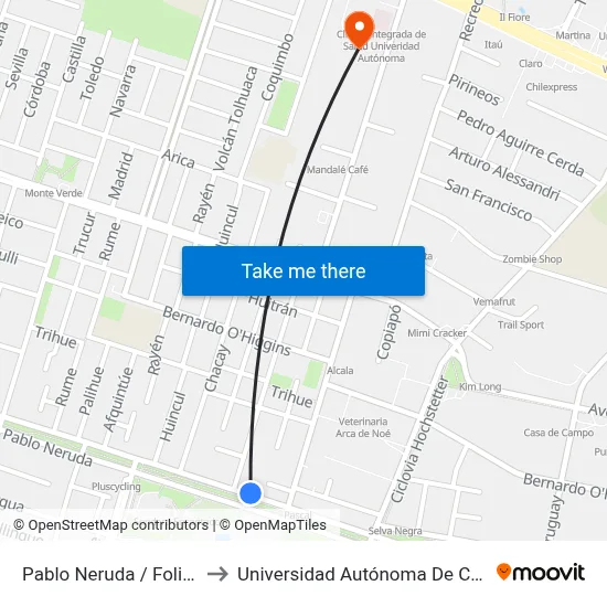 Pablo Neruda / Folilco to Universidad Autónoma De Chile map