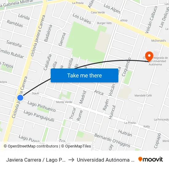 Javiera Carrera / Lago Pirihueco to Universidad Autónoma De Chile map