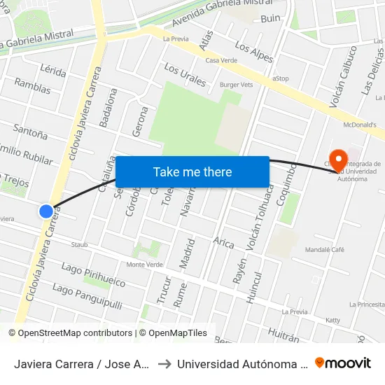 Javiera Carrera / Jose Argomedo to Universidad Autónoma De Chile map