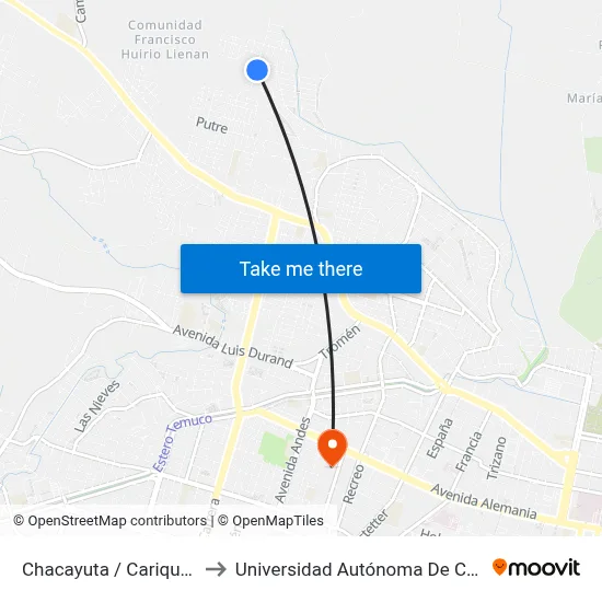 Chacayuta / Cariquina to Universidad Autónoma De Chile map