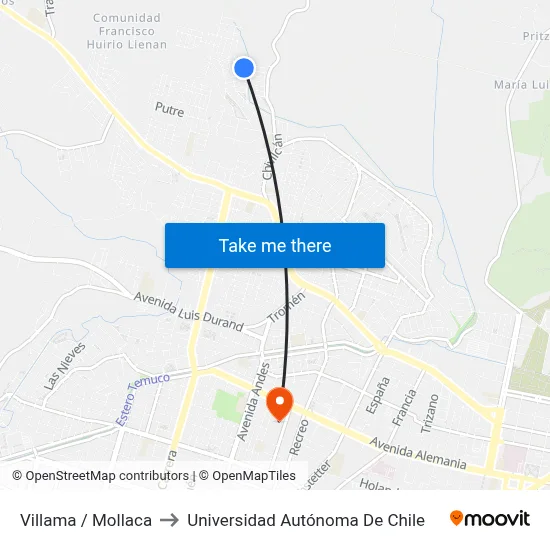 Villama / Mollaca to Universidad Autónoma De Chile map