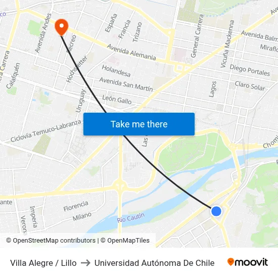 Villa Alegre / Lillo to Universidad Autónoma De Chile map