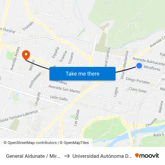 General Aldunate / Miraflores to Universidad Autónoma De Chile map