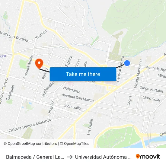 Balmaceda / General Las Heras to Universidad Autónoma De Chile map
