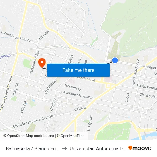 Balmaceda / Blanco Encalada to Universidad Autónoma De Chile map