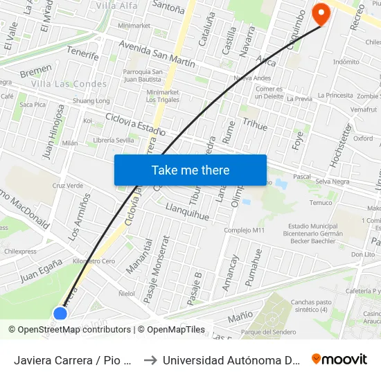 Javiera Carrera / Pio Baroja to Universidad Autónoma De Chile map