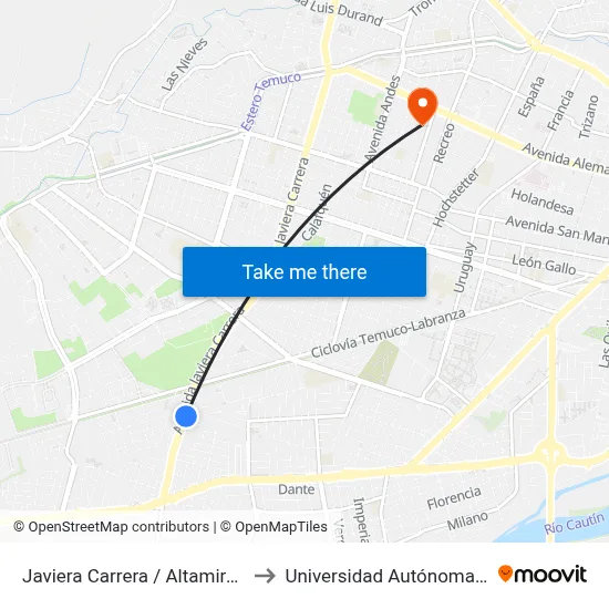 Javiera Carrera / Altamira - Oriente to Universidad Autónoma De Chile map