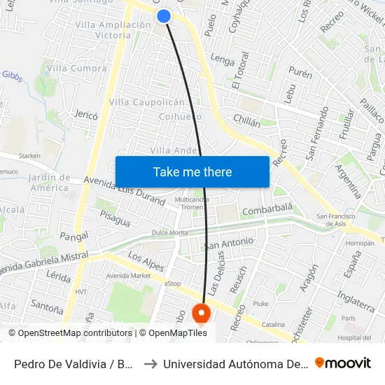 Pedro De Valdivia / Boyeco to Universidad Autónoma De Chile map