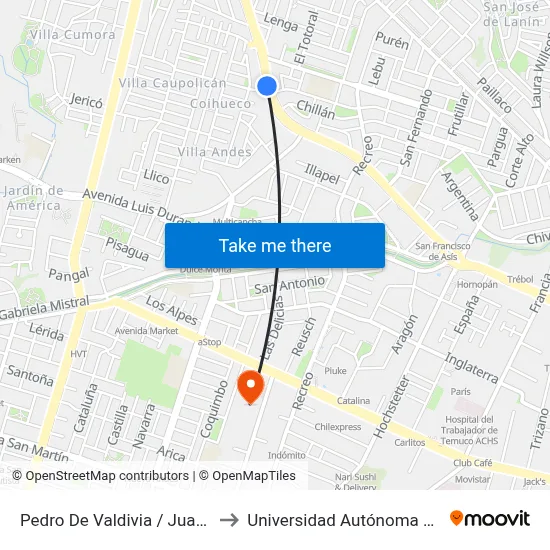 Pedro De Valdivia / Juan Currin to Universidad Autónoma De Chile map
