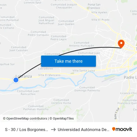 S - 30 / Los Borgones - Sur to Universidad Autónoma De Chile map